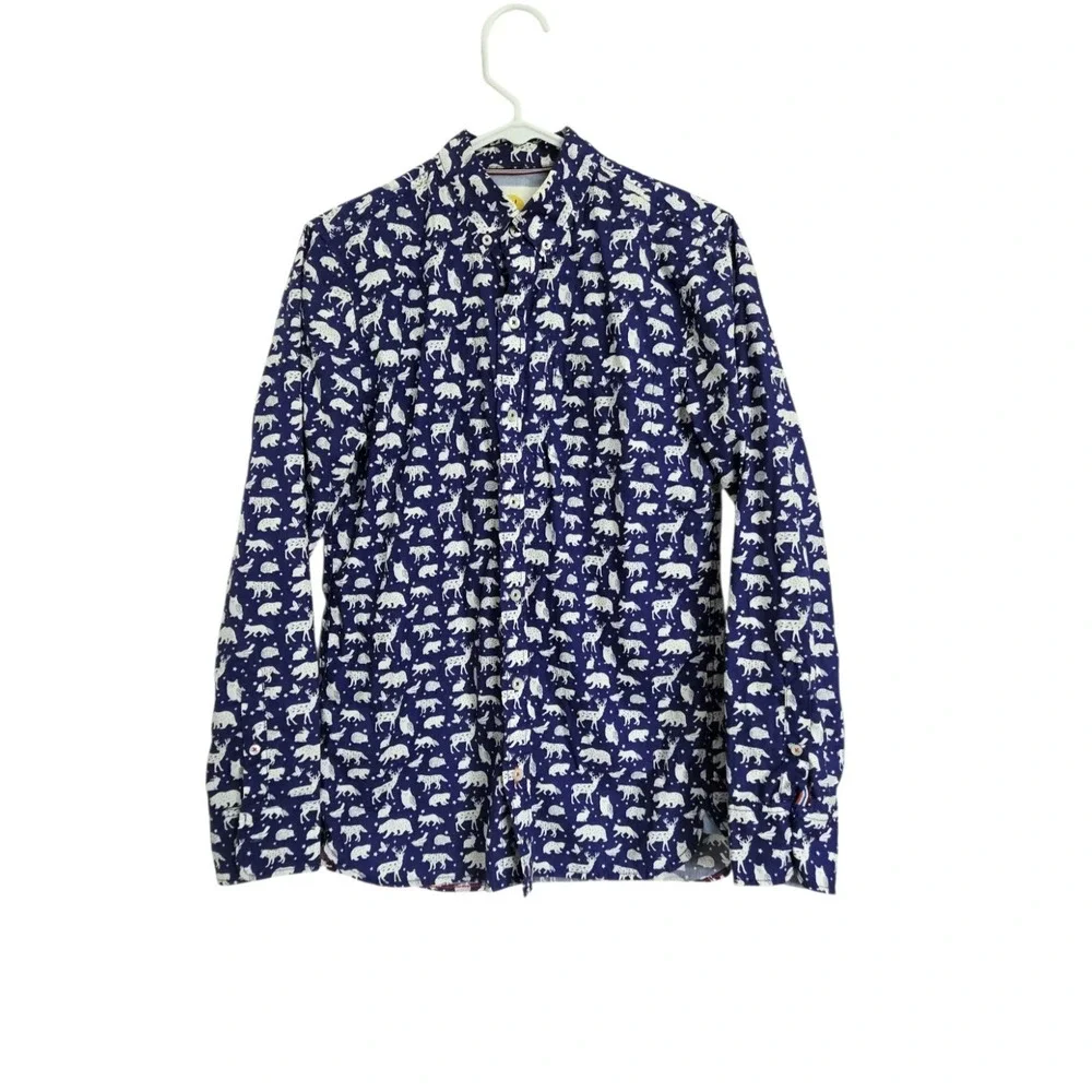 Boden Boys Woodland Animal Print Button Down Shirt Blue Cotton 13-14Y Youth Long